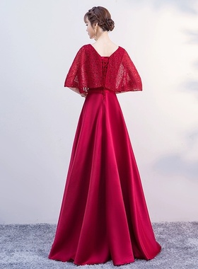 2025新款红色长款宴会舞台演出晚礼服裙飞袖主持人气质优雅礼