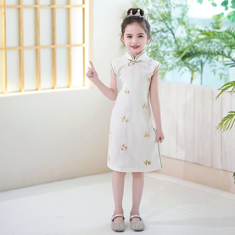 2026新款中国风唐装女童旗袍夏季连衣裙洋气潮短袖丝绸披肩旗袍高