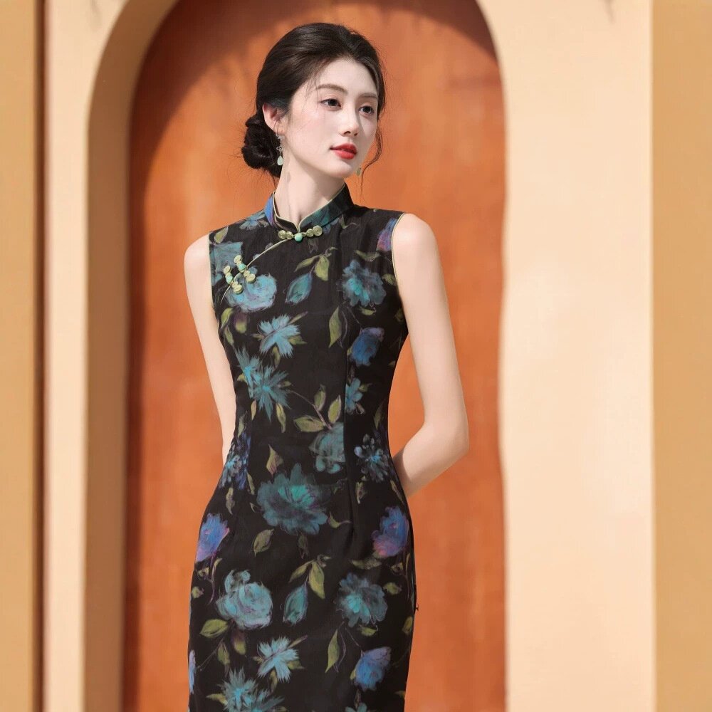 2026新款中国风黑色油画印花旗袍女新中式无袖改良日常穿感复