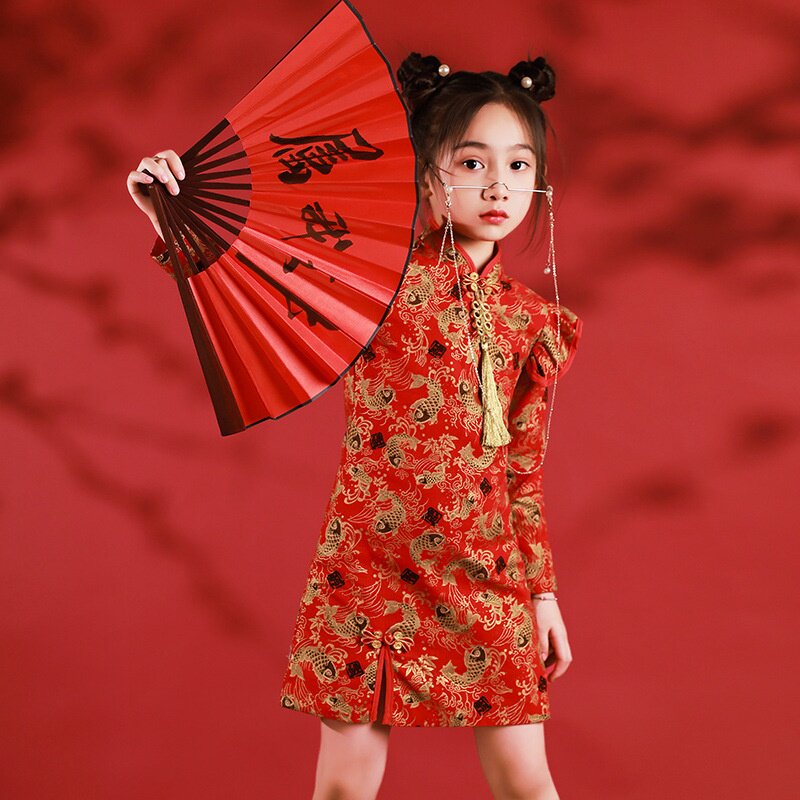 2026新款红色气质女童旗袍礼服中国风儿童国潮长袖唐装连衣裙春秋