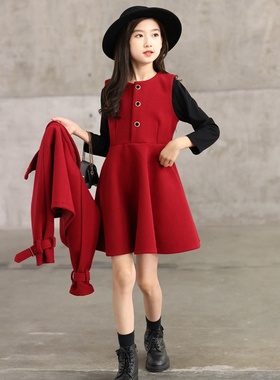 2025新款童装拜年服女童毛呢套装红色秋冬大童女装呢子大衣外