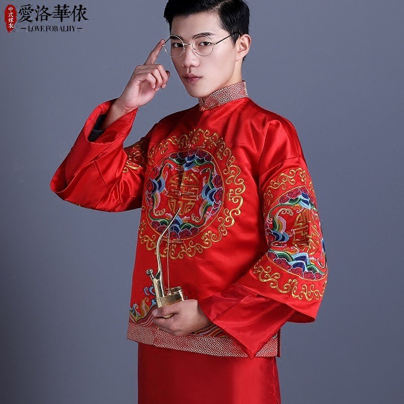 2025新款处理中式男装新郎结婚礼服秀禾服唐装马褂龙凤褂婚礼