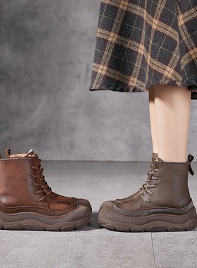 2025新款铂帝思真皮复古雪地靴高帮系带厚底手工擦色舒适保暖
