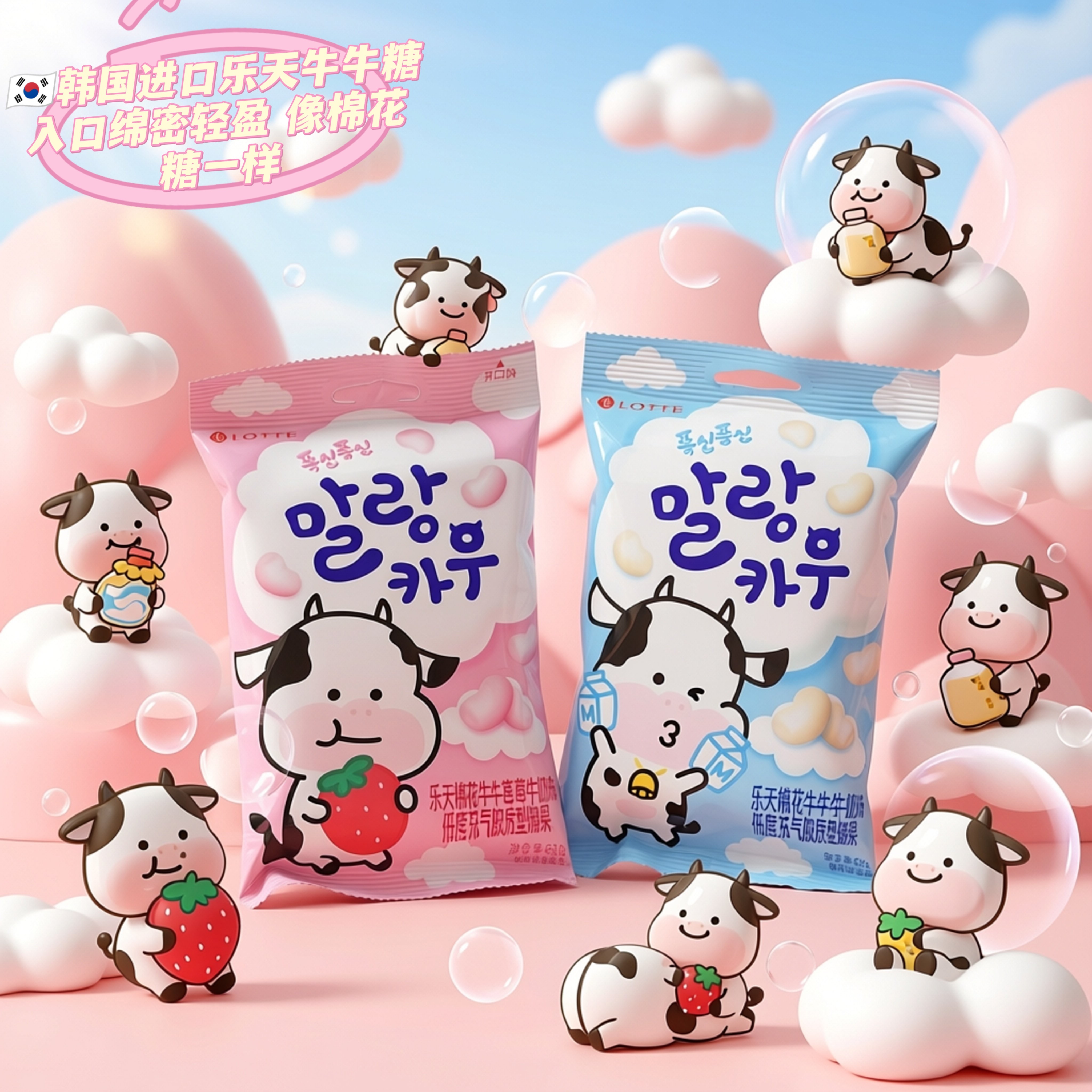 韩国乐天棉花糖牛奶草莓双味63g无反式脂肪进口网红糖果