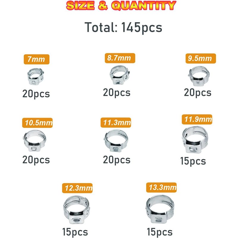 145PCS 盒装 8种尺寸 304G不锈钢无级单耳卡箍喉箍软管夹