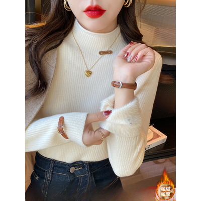 加绒毛衣女设计感加厚半高领内搭打底衫秋冬高级感一体绒保暖上衣