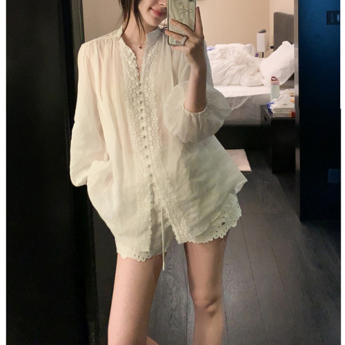 法式A型蕾丝拼接白色衬衫女夏