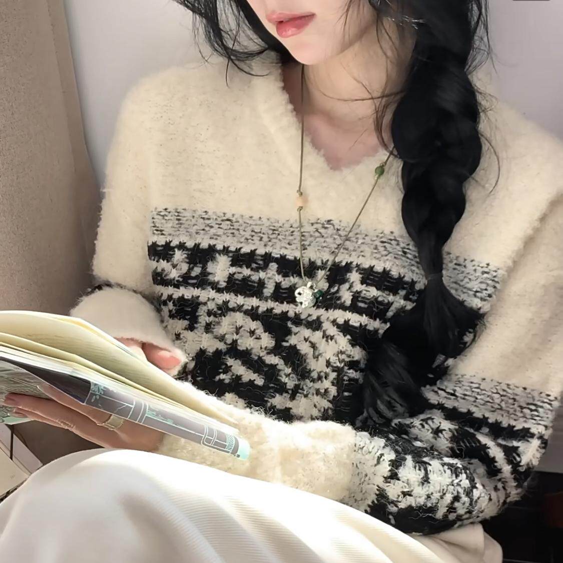 Mi莱夏诗文同款 羊毛混纺圈圈纱提花费尔岛毛衣女冬V领宽松上衣