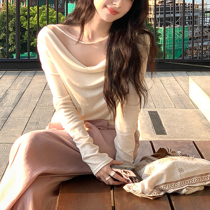 诗文 天丝莱赛尔羊毛荡领T恤女夏松弛感轻薄露肩设计感长袖上衣