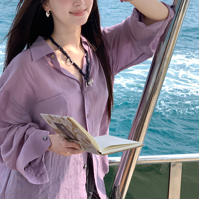 轻薄微透衬衫女宽松紫色衬衣