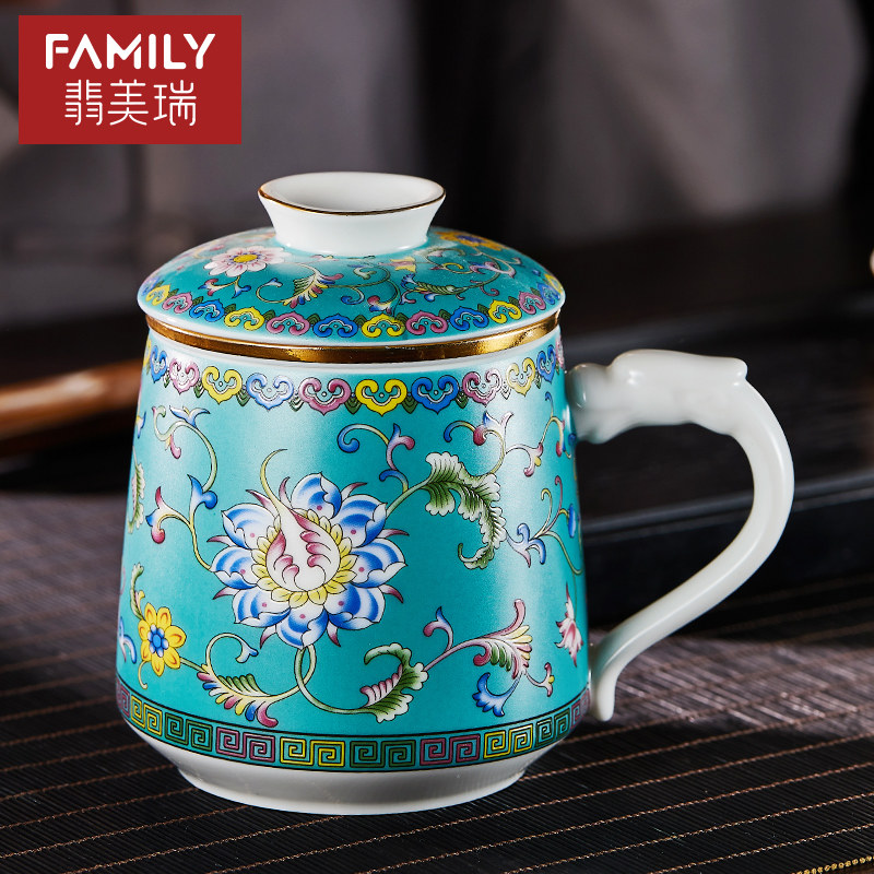 琺瑯彩茶水分離杯大容量陶瓷茶杯