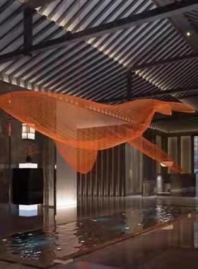 定制大型不锈钢镂空鲸鱼雕塑酒店会场网格编织海洋动物悬挂装饰品