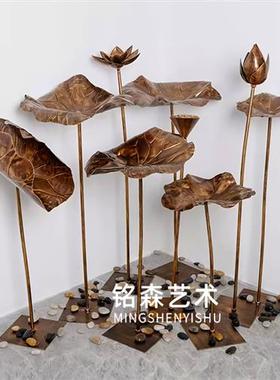 仿真古铜色荷叶不锈钢荷花雕塑莲花铁艺金属摆件酒店水池水景装饰