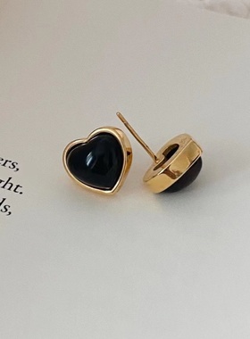 金银两色黑锆石爱心耳钉经典百搭2023年春夏新款耳环精致气质简约