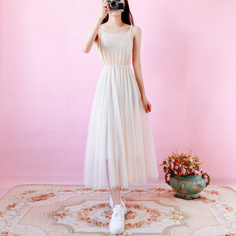 背心纱裙长款复古内搭网纱拼接仙女连衣裙收腰打底长裙小清新吊带
