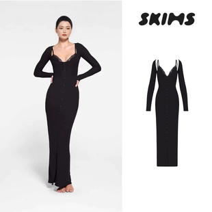 Skims卡戴珊同款黑色性感辣妹纯欲蕾丝假两件纽扣长袖吊带连衣裙