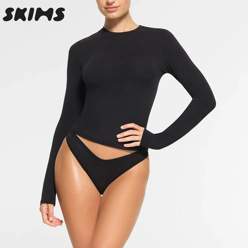 折扣现货SKIMS长袖cotton jersey T恤秋冬弹力紧身打底上衣女