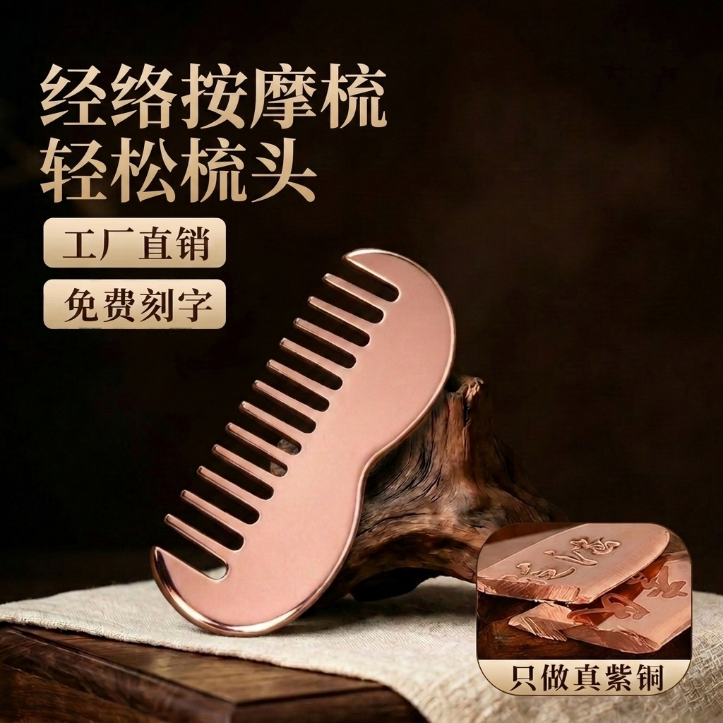 纯黄铜经络按摩梳子头部头皮穴位女士家用便携脱发头部按摩通用