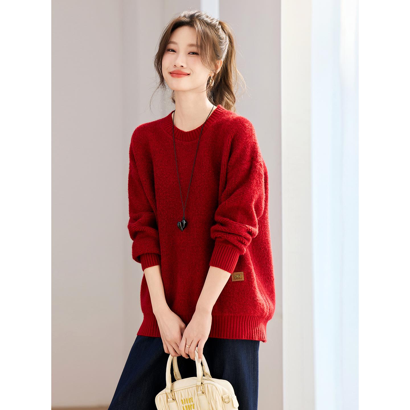 JOYIASS红色毛衣女秋冬2025新款宽松慵懒风高级感超好看内搭针织