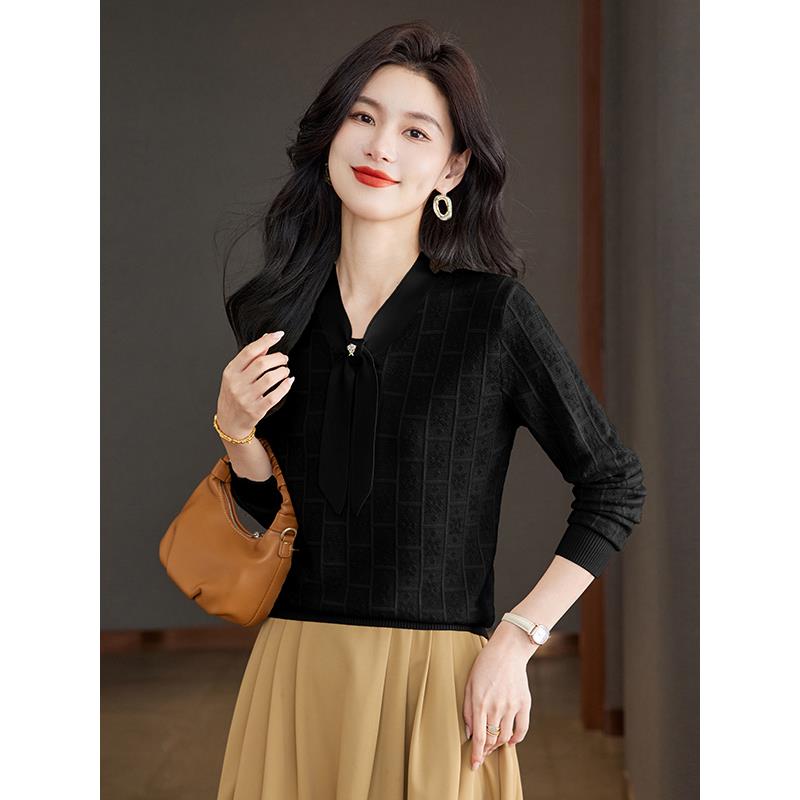 JOYIASS蝴蝶结长袖针织衫T恤女2025春秋冬新款宽松设计感毛衣打底