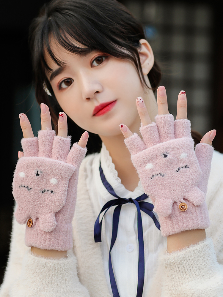手套女冬季可爱韩版学生写字防寒露半指翻盖加绒加厚保暖触屏骑车