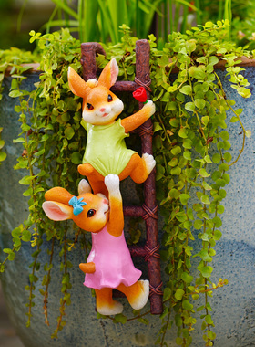 可爱兔子爬梯子摆件花盆挂件花园庭院阳台壁挂幼儿园造景装饰吊件