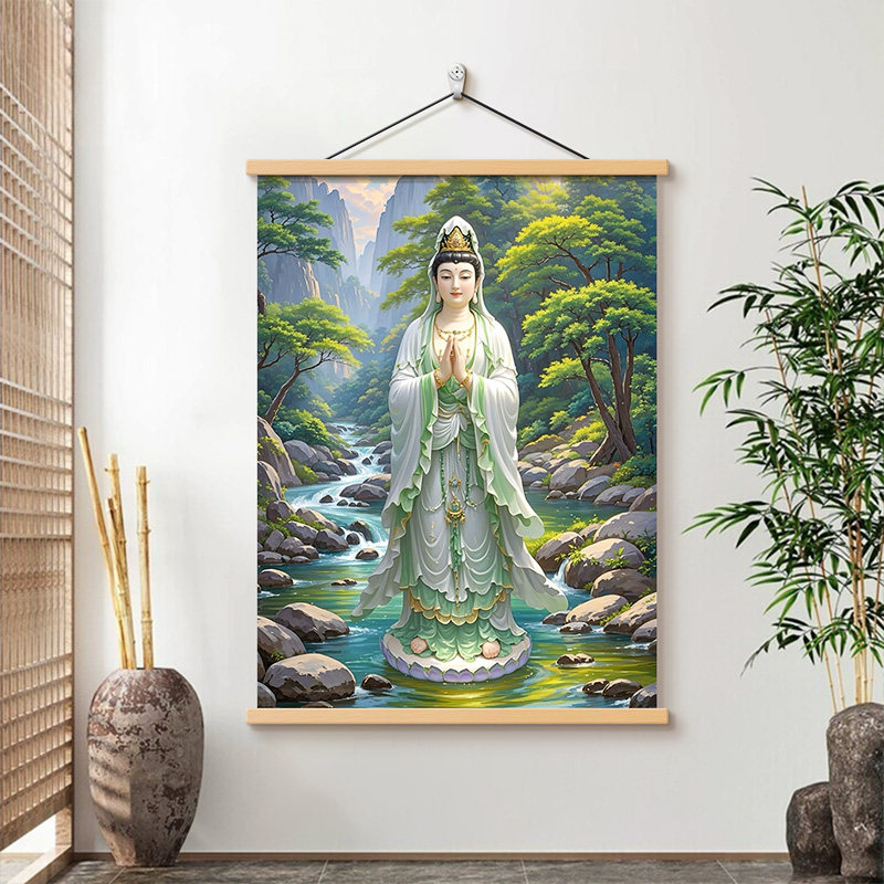 中式观世音菩萨挂画南海观世音菩萨佛像卷轴白衣观音客厅装饰画