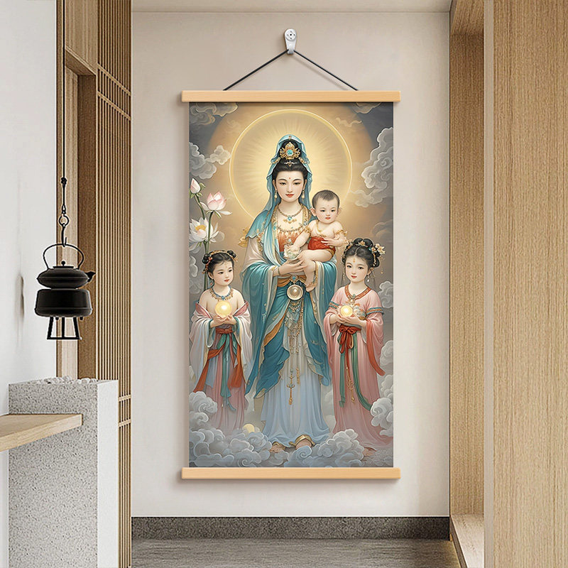 送子观音挂画像卷轴求子送子娃娃五子观音图中式结缘装饰画壁画