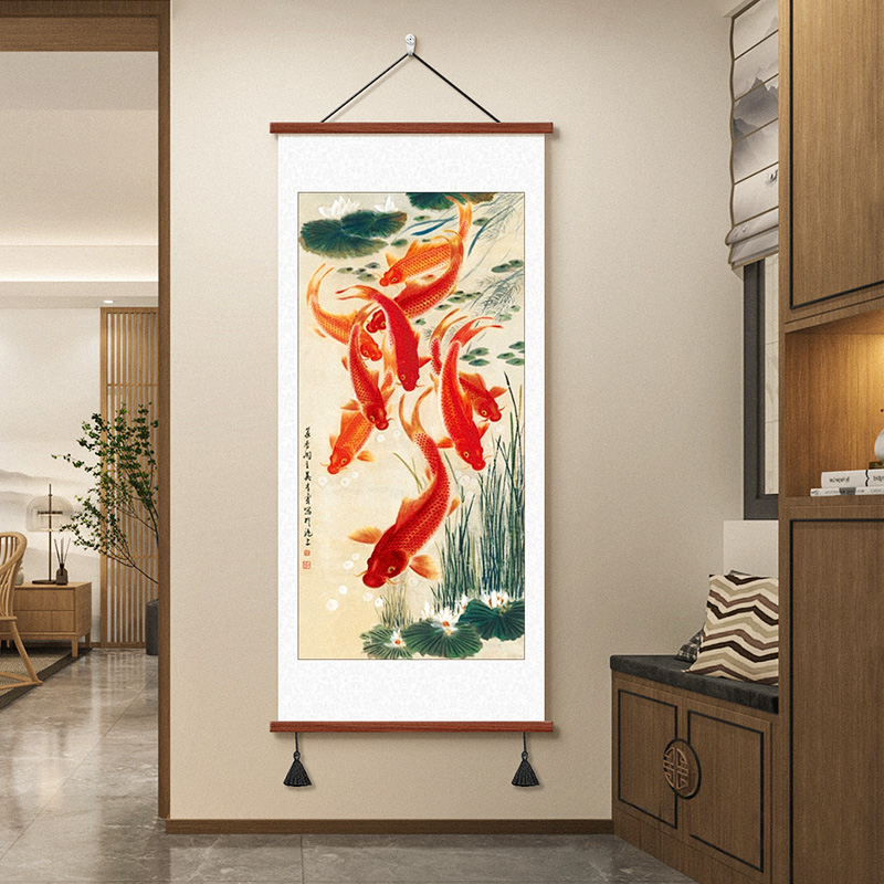 荷花九鱼图玄关挂画招财客厅背景装饰画新中式书房走廊过道墙壁画图片