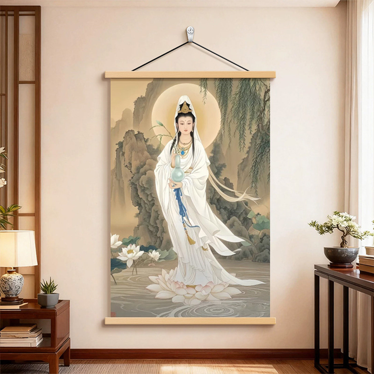新中式观音菩萨卷轴挂画中式复古风客厅装饰画玄关过道走廊壁画