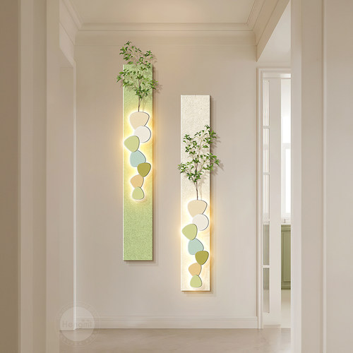 入户玄关装饰画立体砂岩画仿真绿植客厅长条led灯画走廊过道挂画
