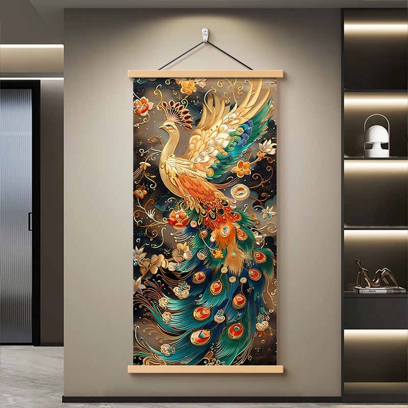 新中式有凤来仪客厅装饰画国风孔雀竖版玄关挂画凤凰走廊过道壁画图片