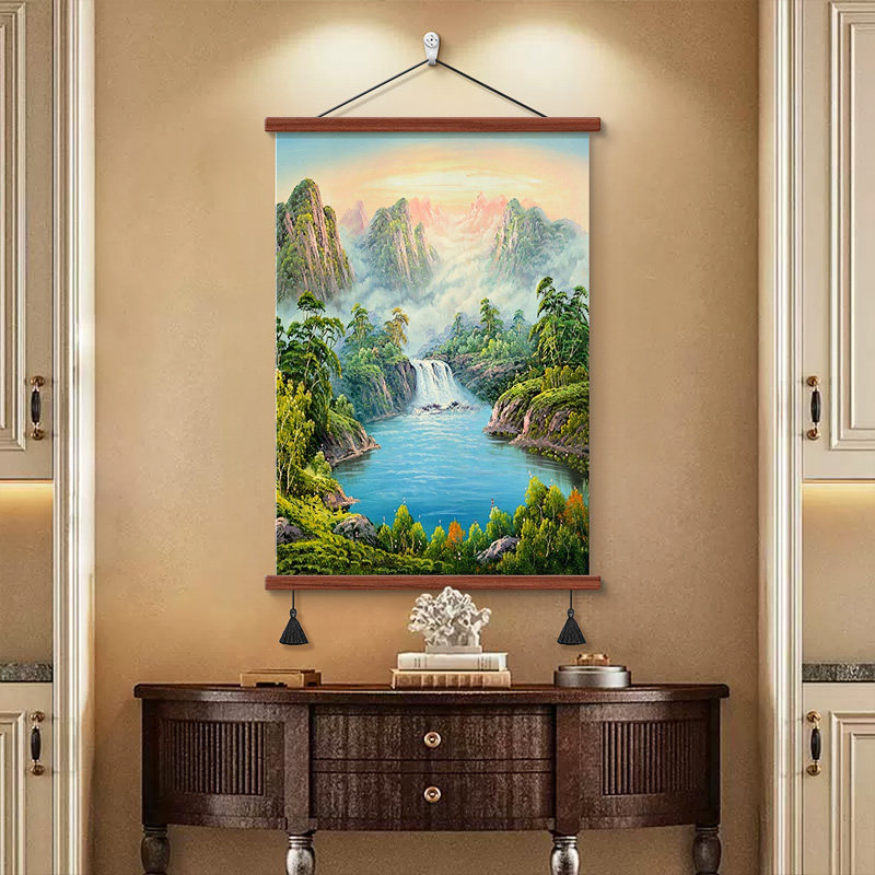 画堂主中式聚宝盆山水画挂画流水生财客厅玄关装饰画招财卷轴壁画