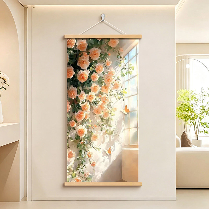 奶油风花团锦簇玄关卷轴装饰画