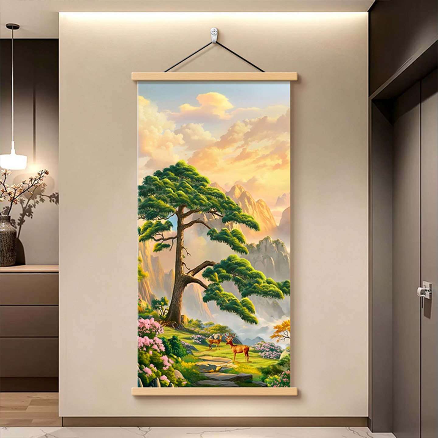 迎客松玄关装饰画高档大气卷轴画