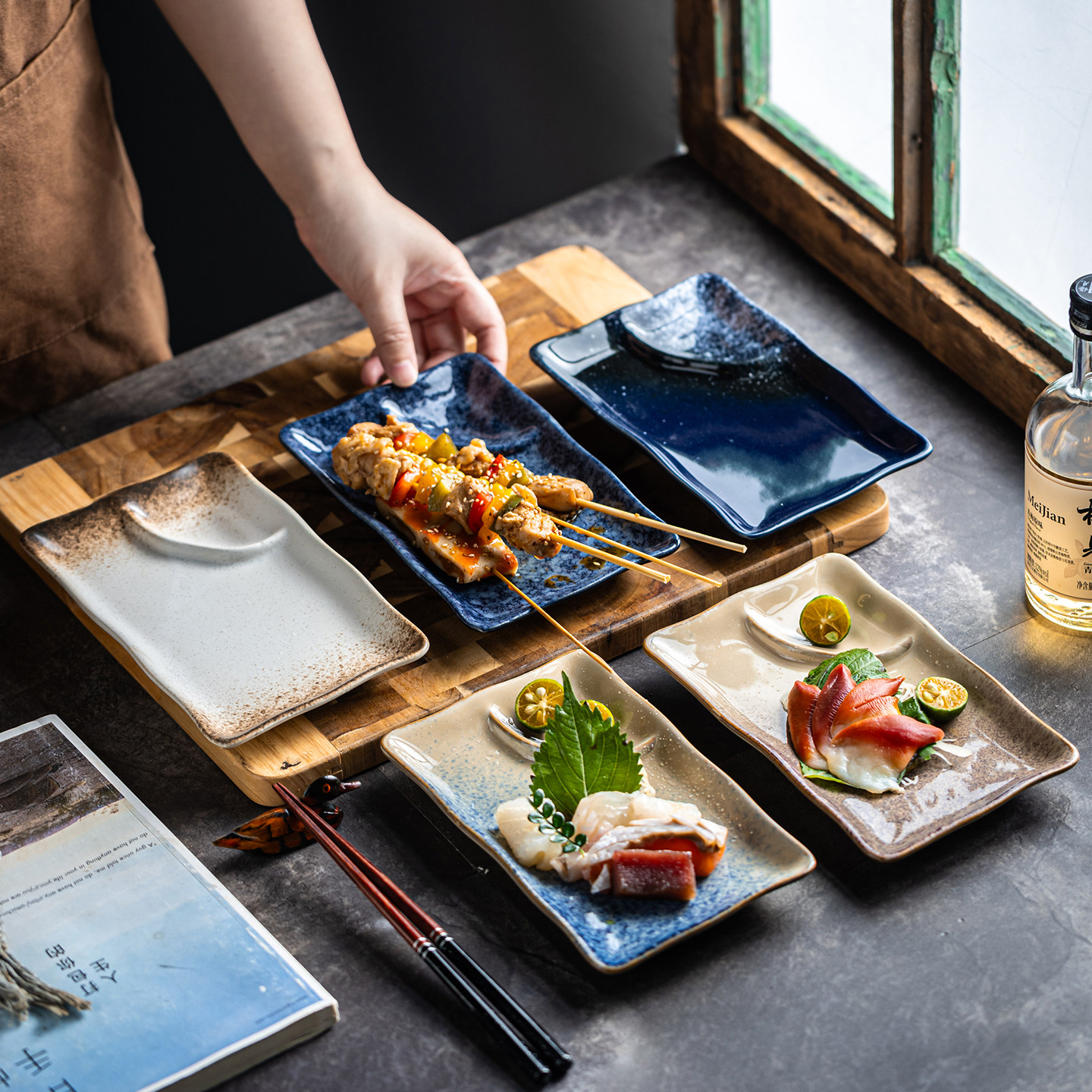 日式陶瓷长方形寿司盘刺身盘冷菜盘带碟饺子盘餐厅长条盘鸡翅盘