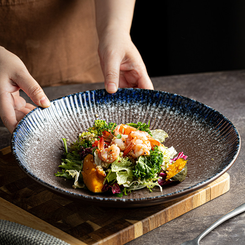条纹浅盘西式餐盘陶瓷餐具碟盘意大利面烧烤盘菜盘子家用油炸摆盘