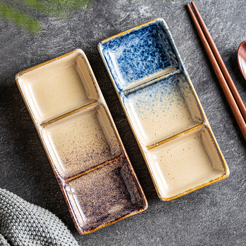 日式釉下彩三格碟日本料理酱料碟盘调味碟芥末酱油碟醋碟辣椒酱碟