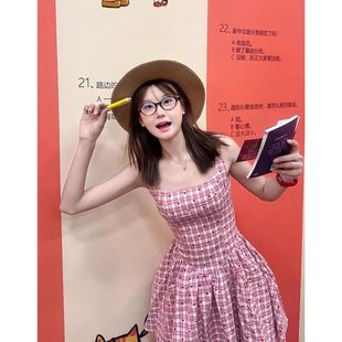 原版 收腰显瘦俏皮少女格纹吊带连衣裙女 面料 纯欲风甜美短裙夏季