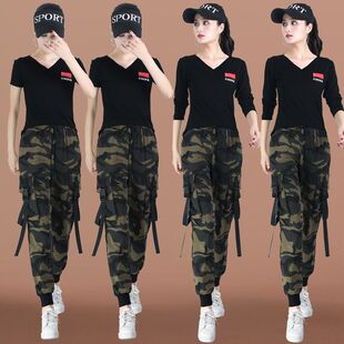春夏水兵舞上衣女短袖新款演出服迷彩t恤潮时尚显瘦宽松韩版军装