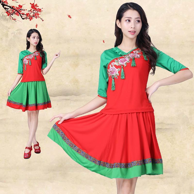 2019广场舞服装新款套装夏季中袖短裙子跳舞蹈的衣服女成人两件套