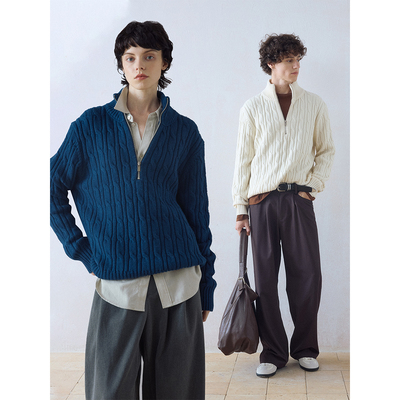 DIMC羊毛混纺半拉链高领麻花纹老钱毛衣秋冬cleanfit针织衫男女