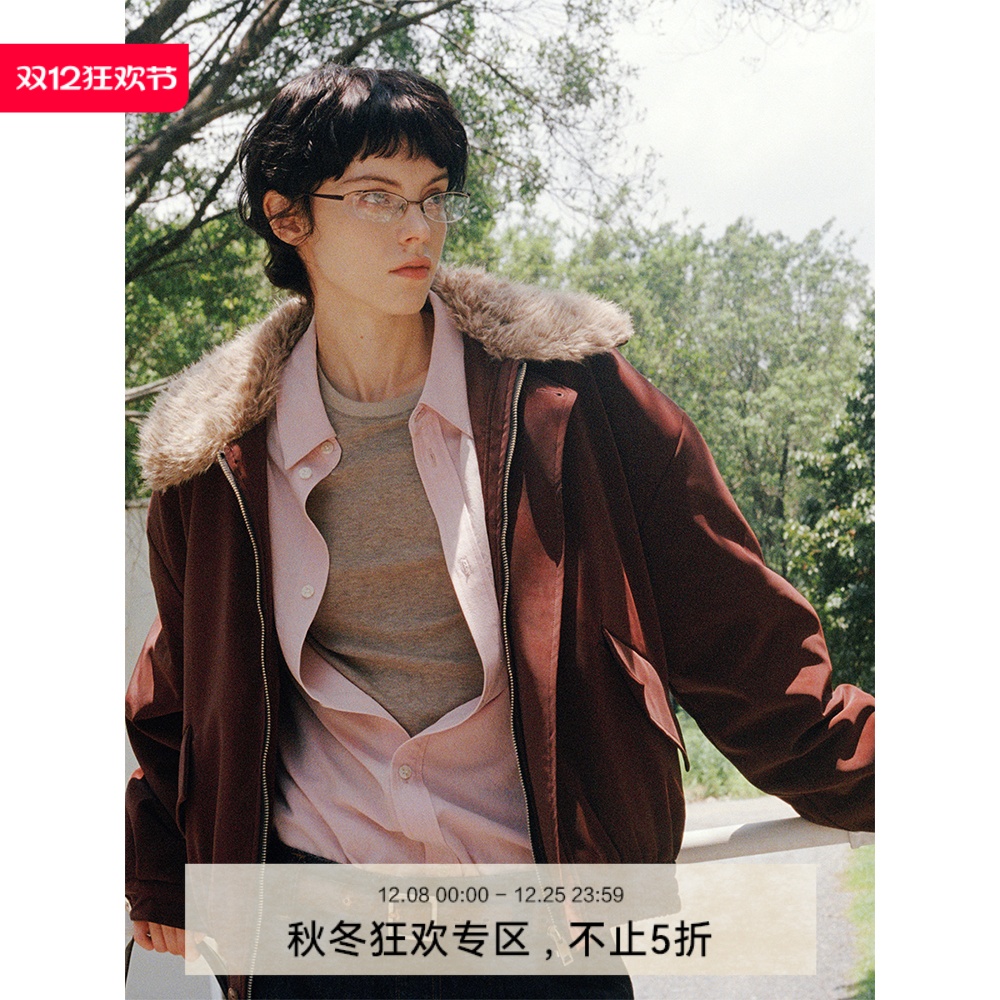 DIMC女装巴恩风毛领绒感PU皮夹克秋冬通勤百搭加厚保暖棉服外套