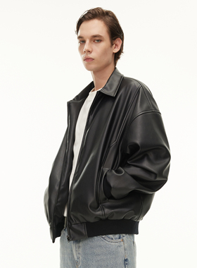 DIMC钢印LOGO立体PU皮衣 潮流黑色翻领休闲外套男机车夹克