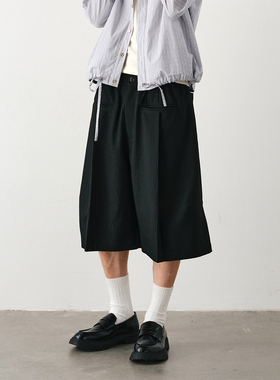 DIMC条纹休闲黑色七分西裤 夏季宽松直插口袋潮流男女短款