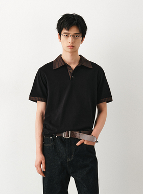 DIMC195克32针格纹拼接领口休闲黑色短袖POLO衫 夏季新款休闲上衣