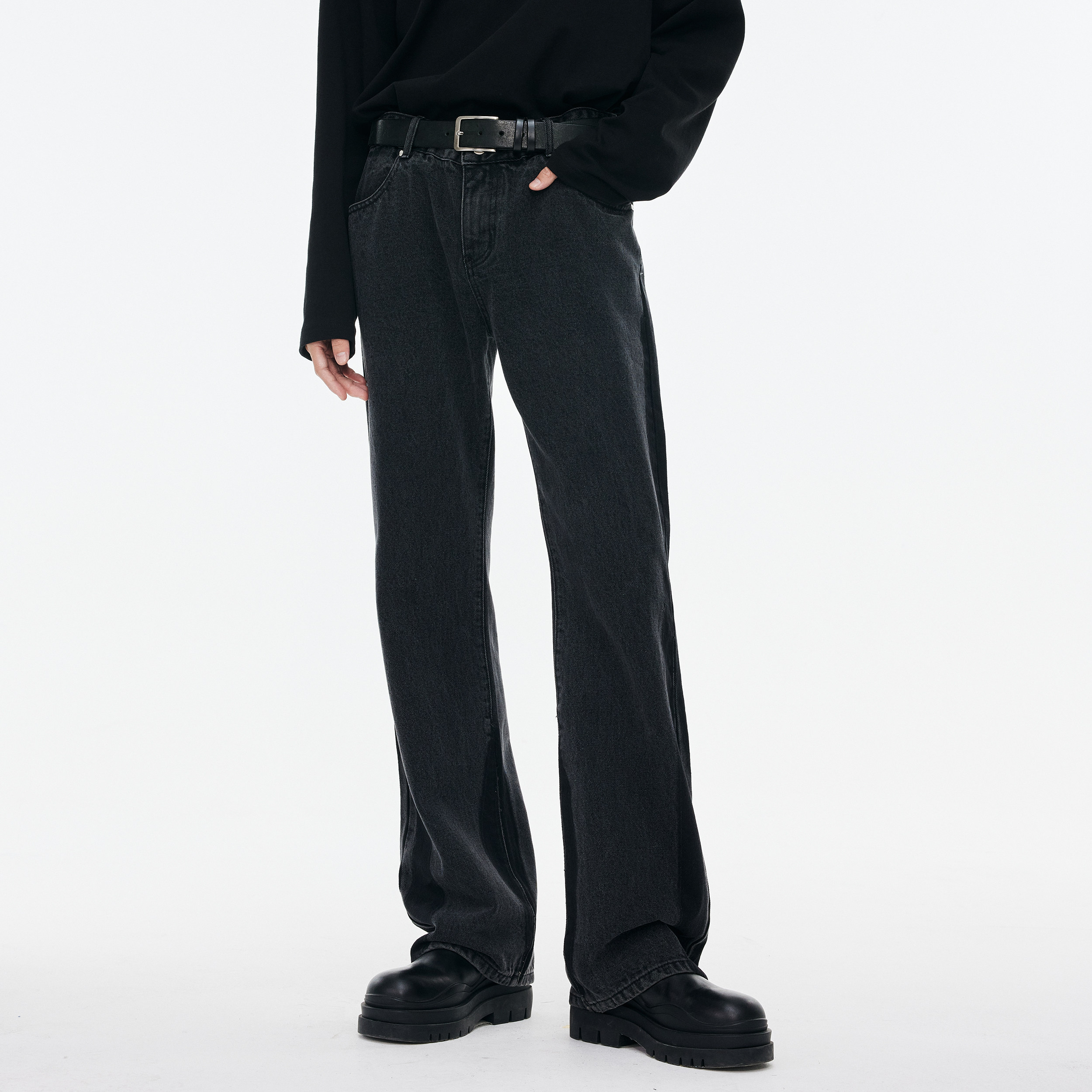 DIMC撞色水洗微黑色喇叭牛仔裤 潮流新款直筒修身男女休闲长裤