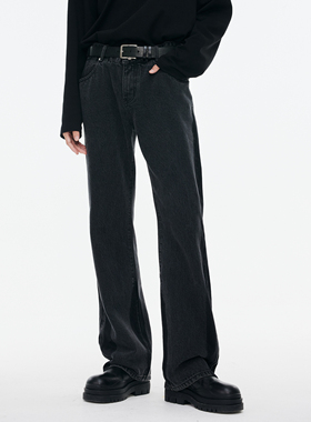 DIMC撞色水洗微黑色喇叭牛仔裤 潮流新款直筒修身男女休闲长裤