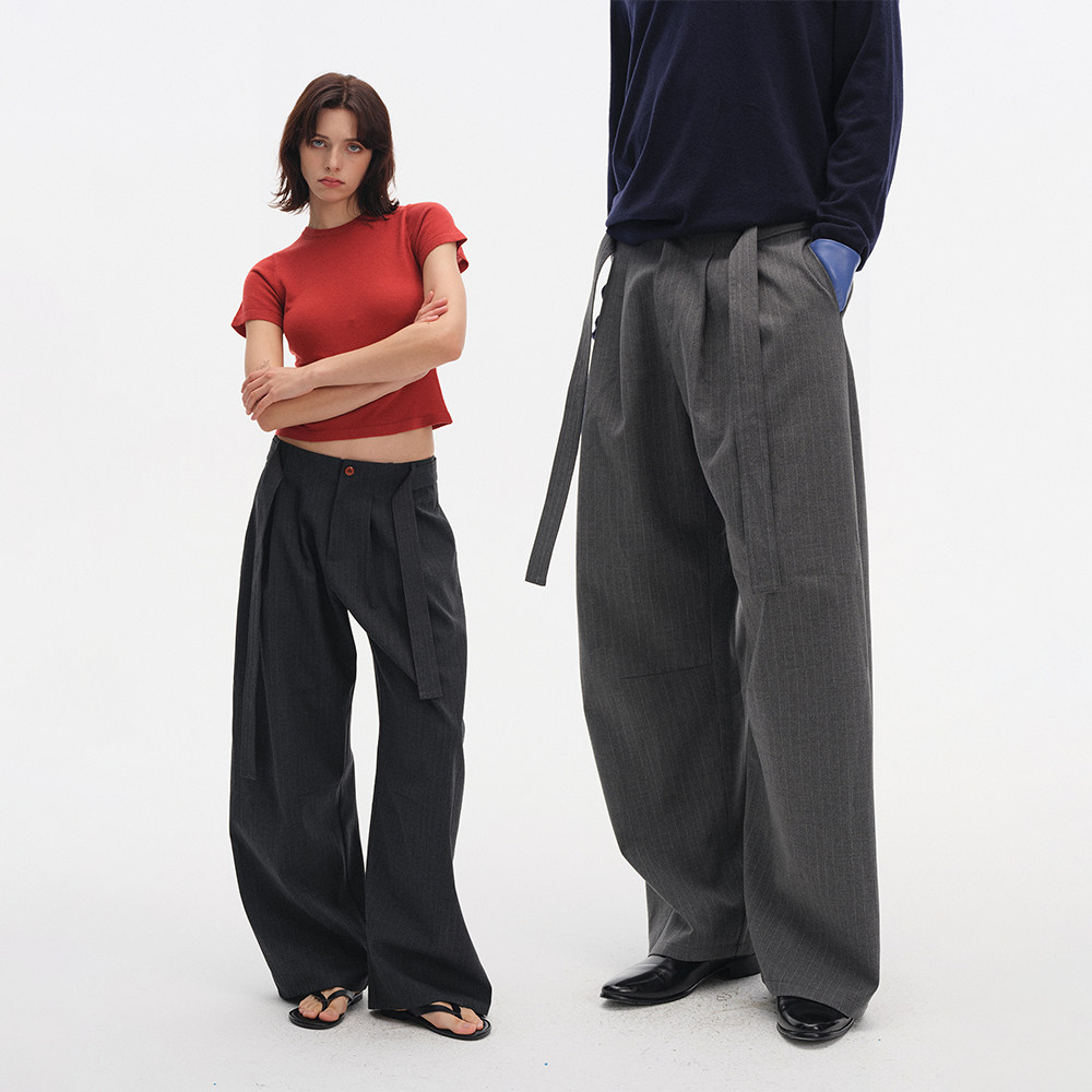 DIMC飘带条纹弯刀西裤秋季宽松垂感直筒cleanfit休闲a字长裤男女