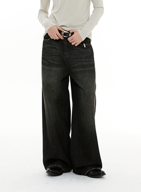 DIMC复古洗水宽松baggy牛仔裤 新款黑色阔腿直筒男女休闲长裤